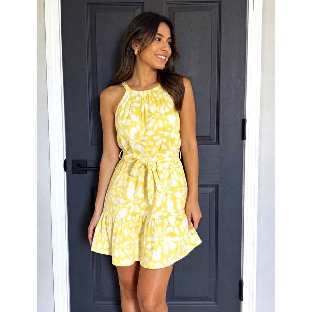 Banana Republic Yellow White Floral Halter Dress Belted Ruffle Hem XL NWT